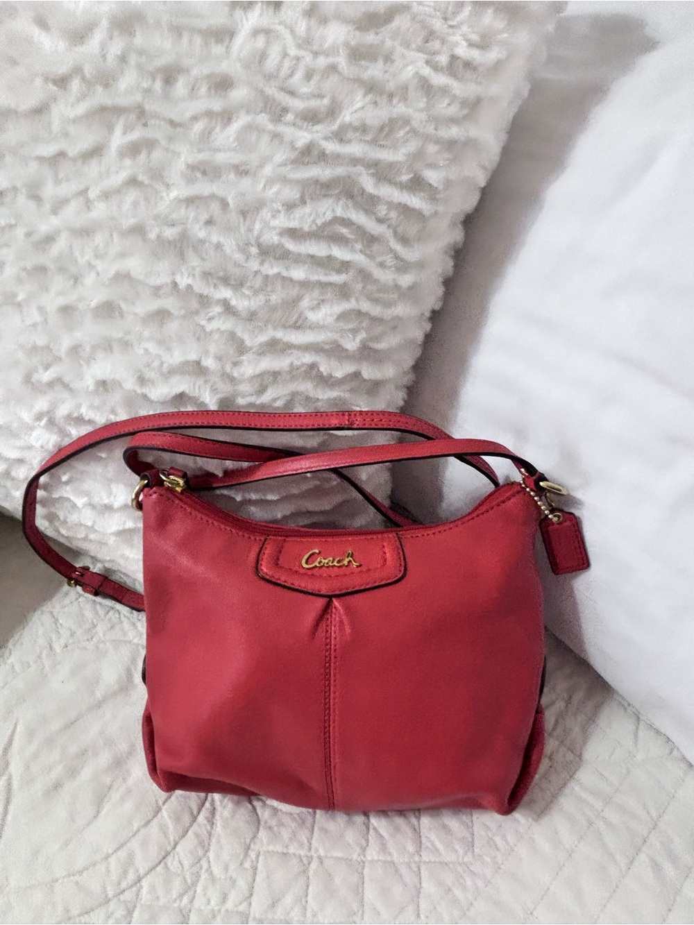 Coach Coral Red Leather Hobo Crossbody Bag
